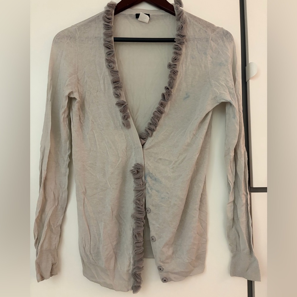 J. Crew Light Gray Ruffle-Trim Cardigan